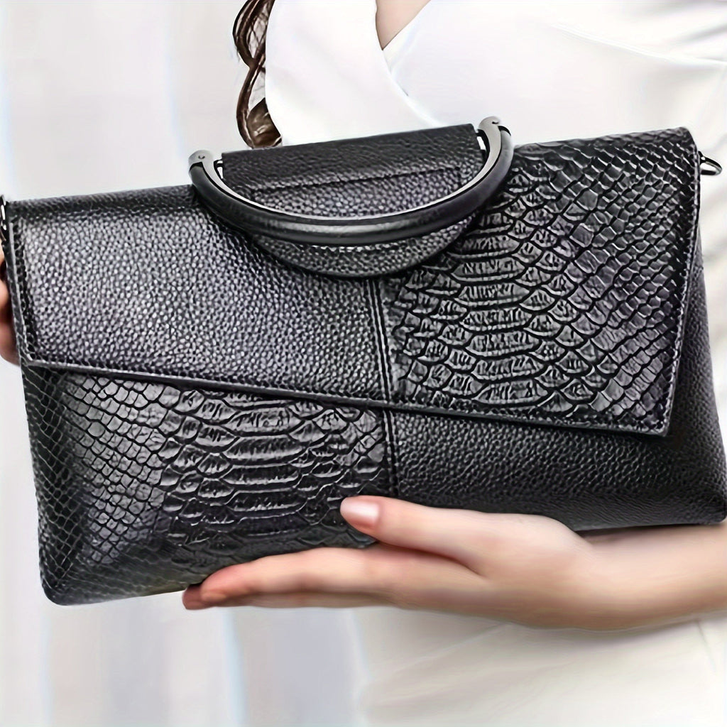 Women's Black Crossbody Bag - Crocodile Flap & Top Handle