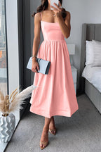 Elegant Fit & Flare Midi Dress - Wedding Guest Dress with Square Neck & Spaghetti Straps