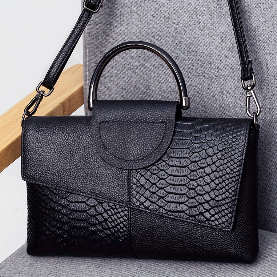 Women's Black Crossbody Bag - Crocodile Flap & Top Handle