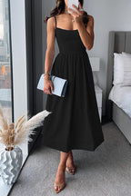 Elegant Fit & Flare Midi Dress - Wedding Guest Dress with Square Neck & Spaghetti Straps