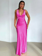 Elegant Satin Halter Neck Evening Dress for Women