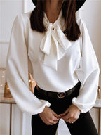 Women's Bow Tie Blouse - High Neck & Long Sleeve for Work