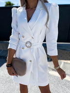 Women's Double-Breasted Blazer Dress - Puff Sleeve, Tailored Fit