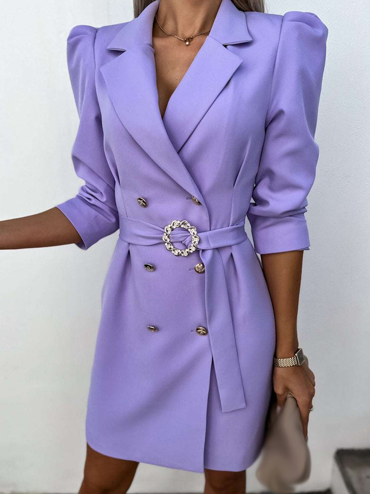 Women's Double-Breasted Blazer Dress - Puff Sleeve, Tailored Fit