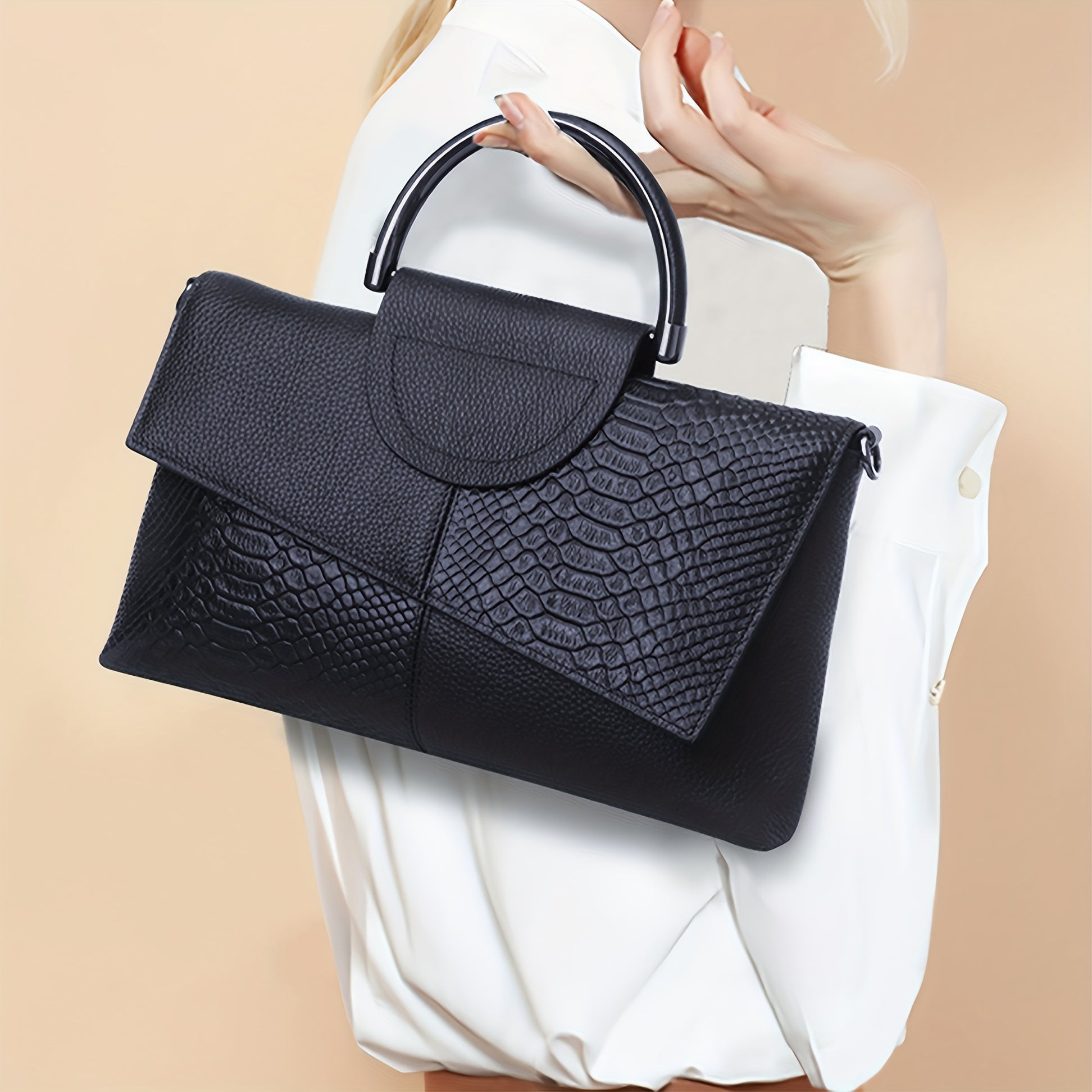 Women's Black Crossbody Bag - Crocodile Flap & Top Handle