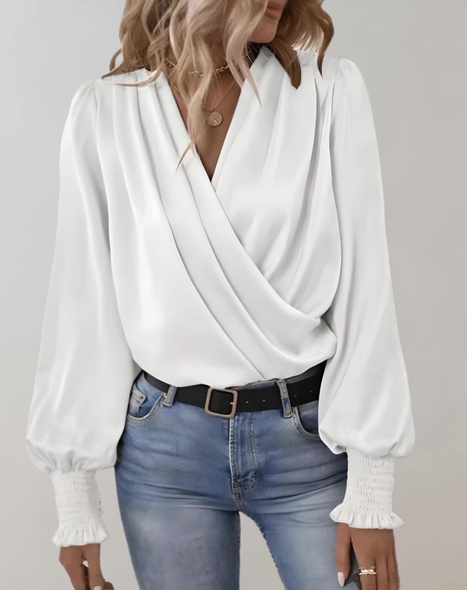 Women's Satin Wrap Blouse - V-Neck with Ruched Cuffs