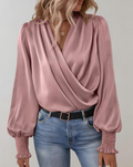 Women's Satin Wrap Blouse - V-Neck with Ruched Cuffs