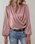 Women's Satin Wrap Blouse - V-Neck with Ruched Cuffs