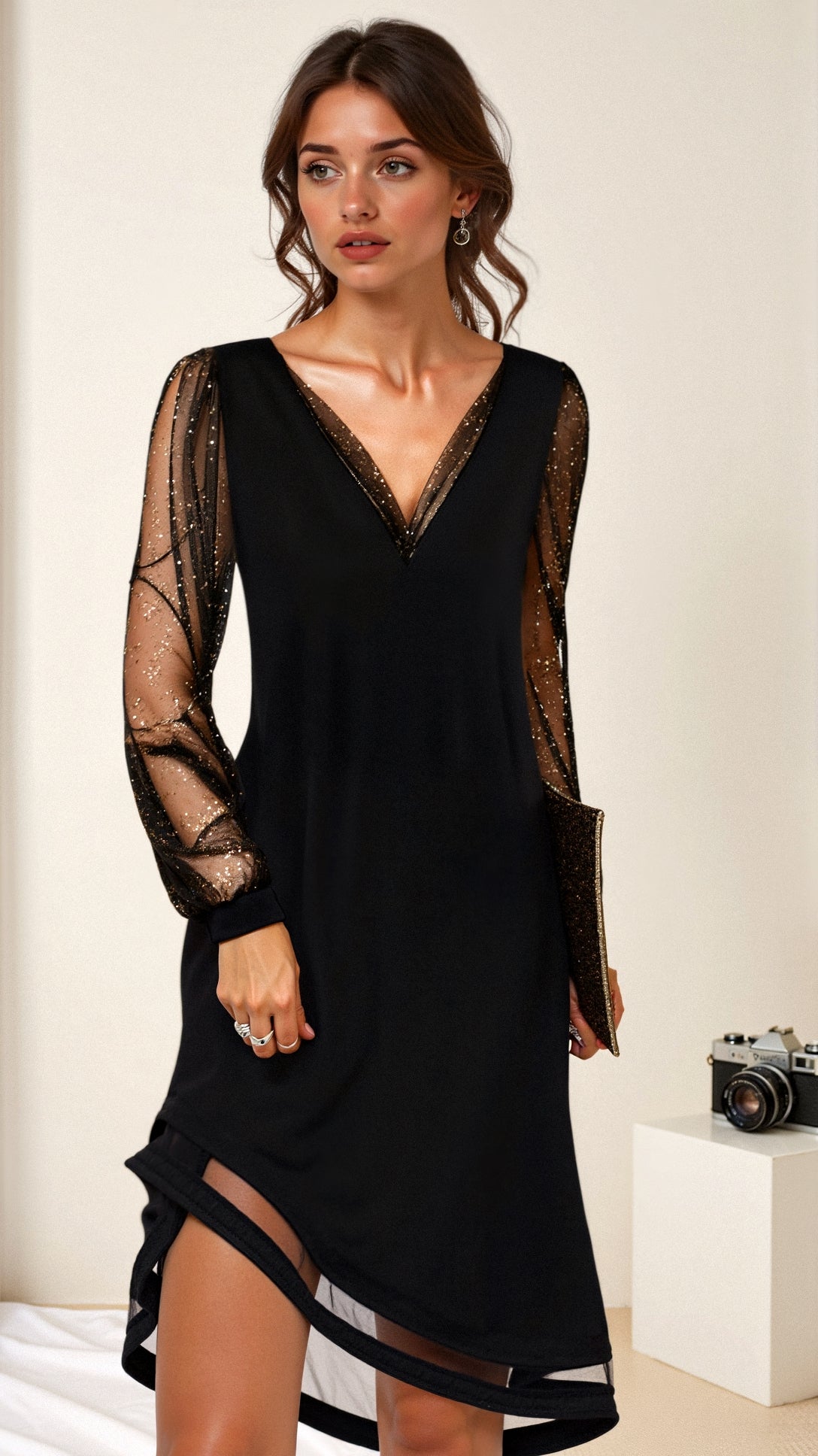 Elegant and Stylish Black Dress with Sheer Sleeves for Women