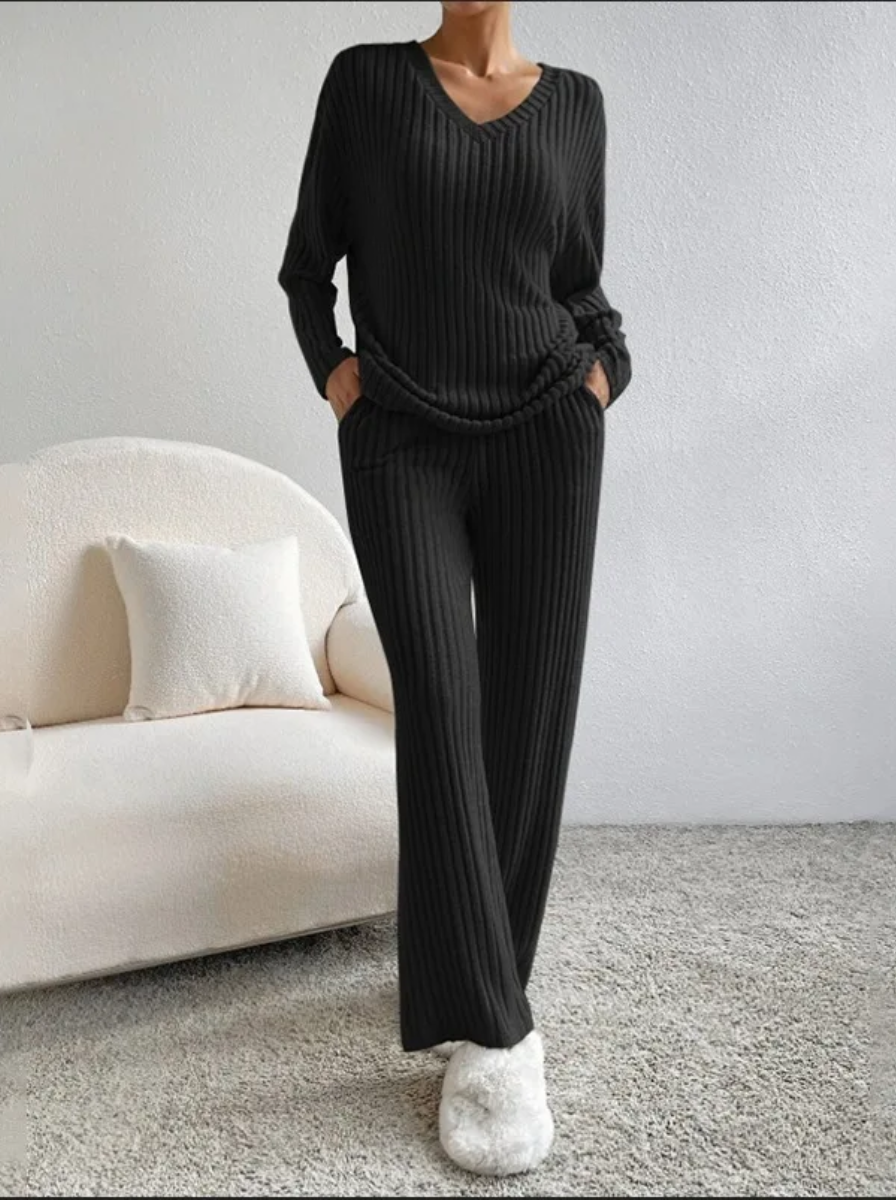 Ribbed Knit Luxe Lounge Set V Neck Top Wide Leg Pants Limited Edition Collection