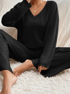 Ribbed Knit Luxe Lounge Set V Neck Top Wide Leg Pants Limited Edition Collection