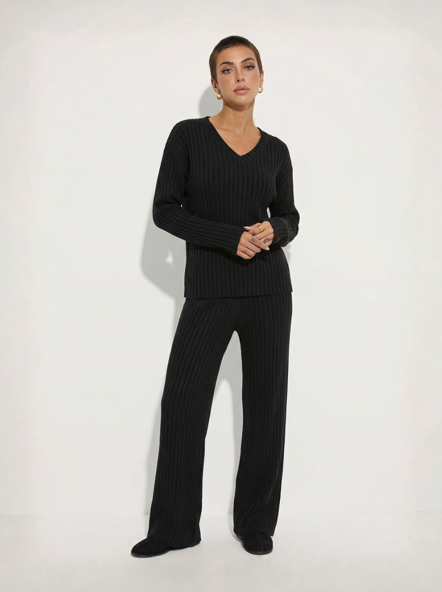 Ribbed Knit Luxe Lounge Set V Neck Top Wide Leg Pants Limited Edition Collection