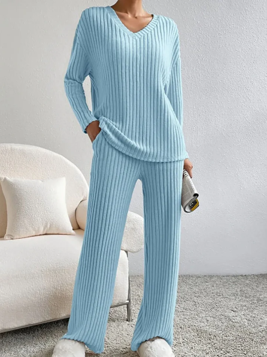 Ribbed Knit Luxe Lounge Set V Neck Top Wide Leg Pants Limited Edition Collection