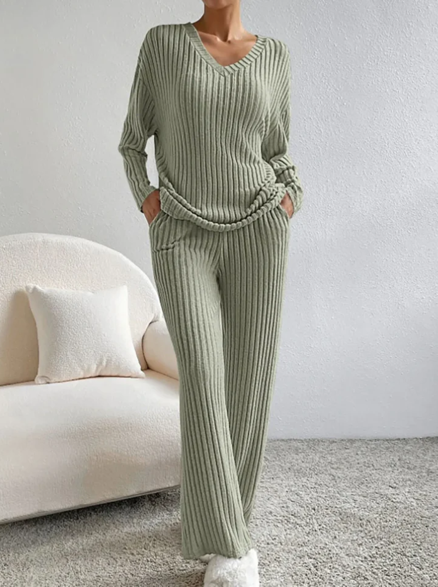 Ribbed Knit Luxe Lounge Set V Neck Top Wide Leg Pants Limited Edition Collection