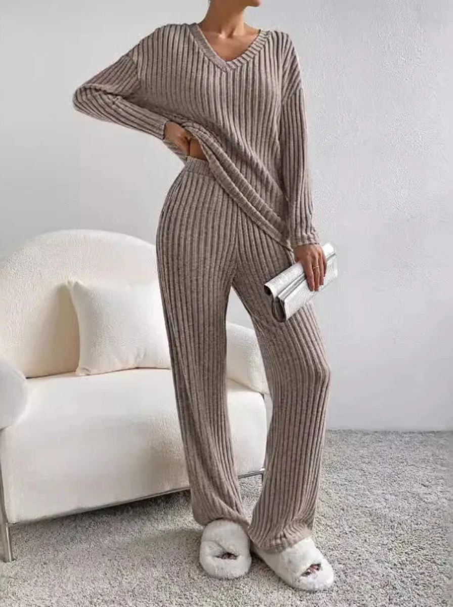 Ribbed Knit Luxe Lounge Set V Neck Top Wide Leg Pants Limited Edition Collection