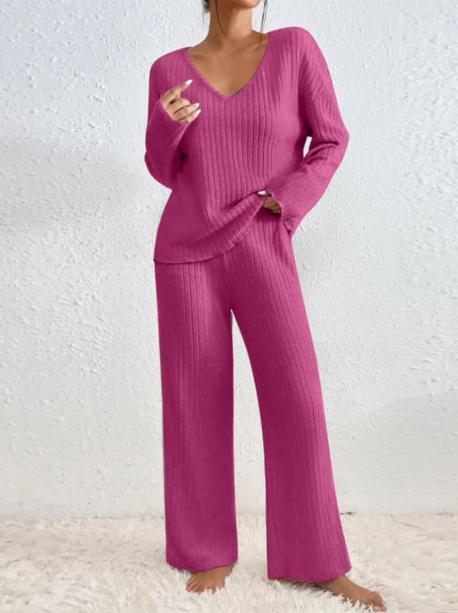 Ribbed Knit Luxe Lounge Set V Neck Top Wide Leg Pants Limited Edition Collection