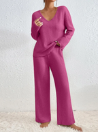Ribbed Knit Luxe Lounge Set V Neck Top Wide Leg Pants Limited Edition Collection